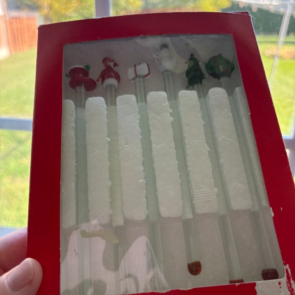 Vintage Hudson Bay Company Blown Glass Cocktail Swizzle Sticks Christmas Set 6